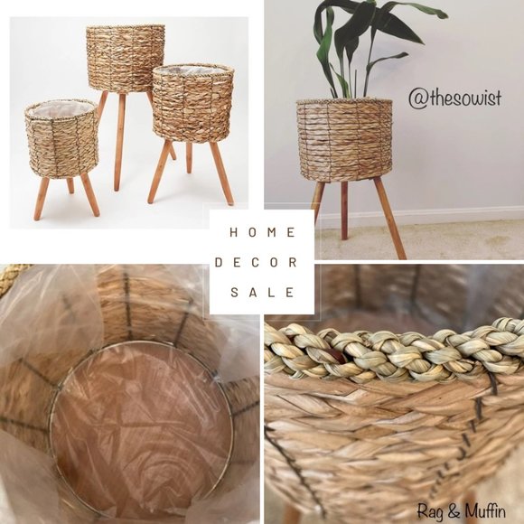 Rattan Planter with Plastic Lining and Pedestal Wooden Legs, Set of 3 SA…